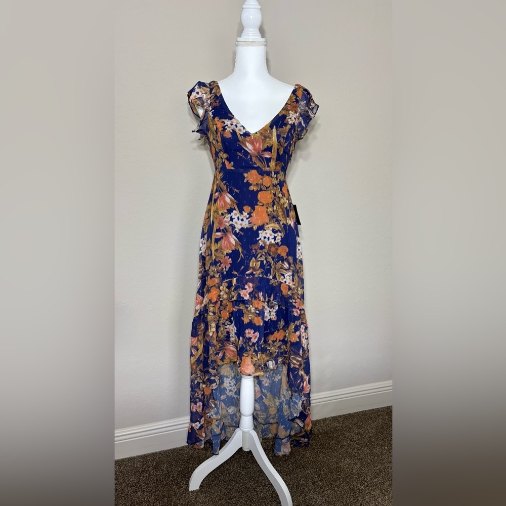 Lulu's Stunning Favorite Navy Blue Floral Ruffled High-Low Maxi Dress.NWT Size S - Picture 6 of 10